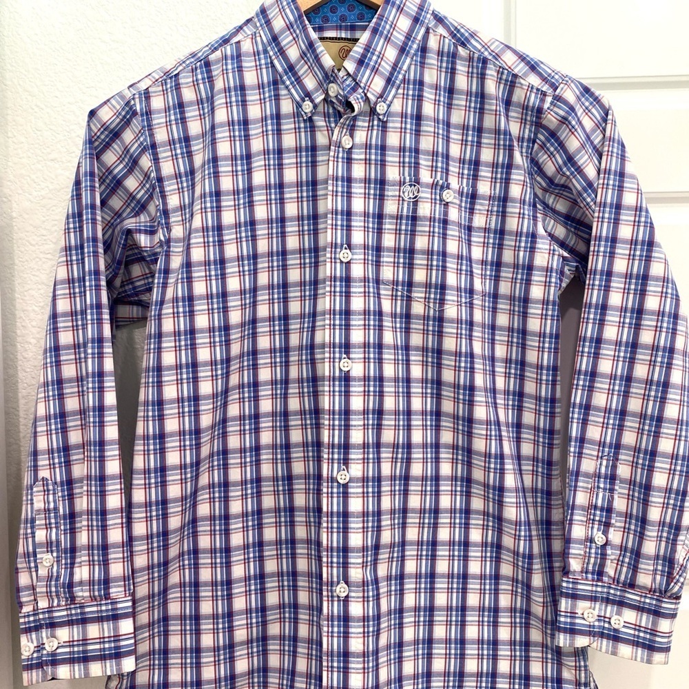 Wrangler Blue and Red Plaid Button Down Long Sleeve Shirt Boys Size Large